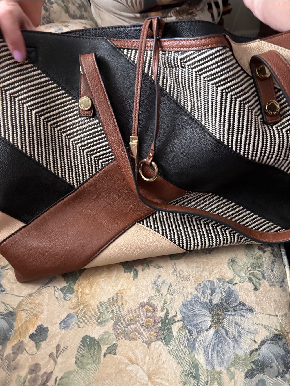 Stylish Multi-Panel Women’s Tote Bag in Black, Brown & Cream